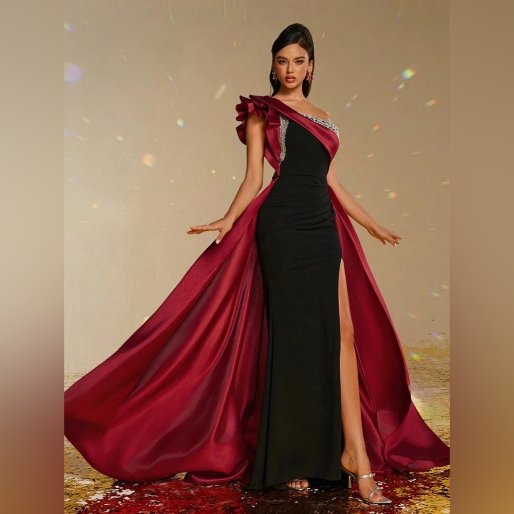 Smilprince Asymmetrical Neck High Slit FloorLength Gown Burgundy Size XL 12 - 14 - Picture 5 of 16